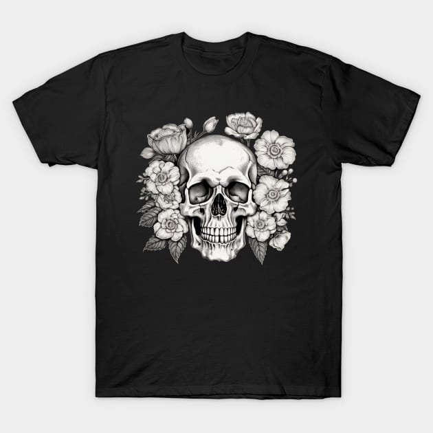 Skull with flowers T-Shirt by Merchgard